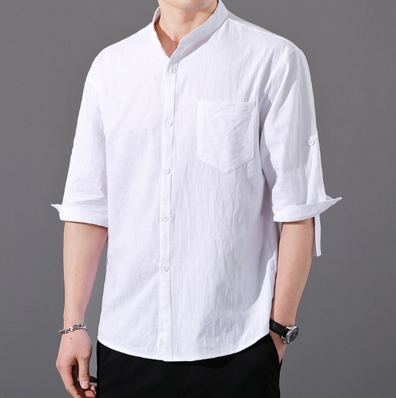 Black Mandarin Collar Linen Shirt